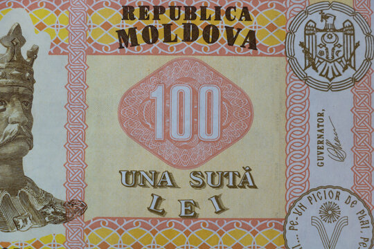 A Magnified Look at a 100 Moldovan Lei Banknote close up