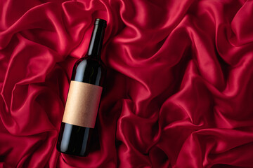 Bottle of red wine with an empty label on a satin background.