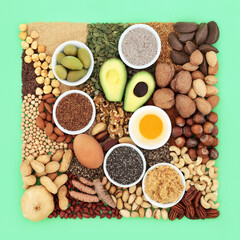 Essential fatty acid foods high in healthy lipids. Ingredients contain unsaturated good fats for...
