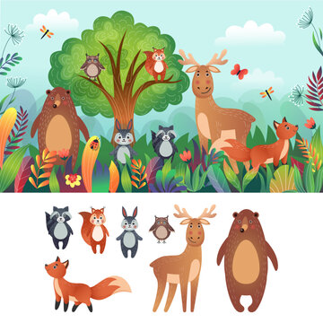 Nature wood animals. Happy characters. Children friends in jungle or safari. Wildlife family in forest. Bear or elk in nature. Isolated squirrel and rabbit. Vector isolated tidy picture