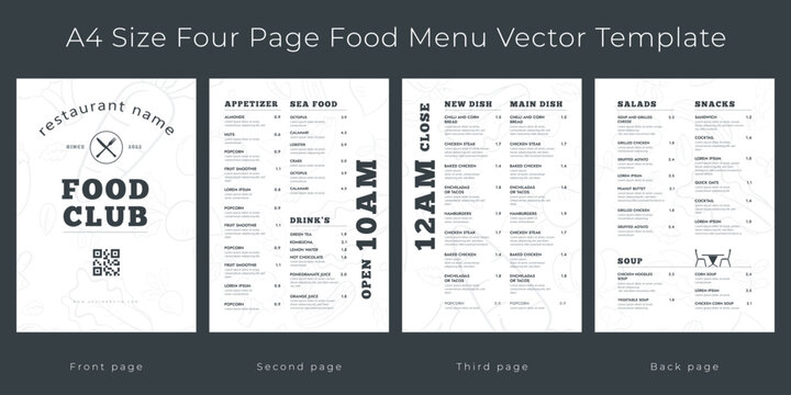 Restaurant cafe menu, template design.
A4 size, Four page food menu template