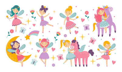 Ballerina girls. Rainbow and unicorn, pink fairy princess. Kids characters, childish doodle style set with moon, stars and magic wand. Nursery decor elements. Vector cartoon tidy illustration
