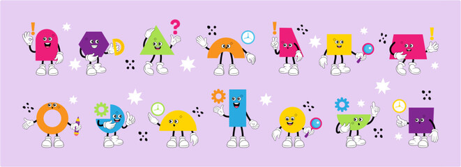 Education figures, geometry face characters. Children comic shapes, cute geometric math game, hexagon and circle with legs and hands. School or kindergarten mascot. Vector cartoon tidy set