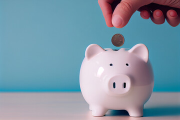 Eine Hand steckt eine Münze zum sparen in ein Sparschwein mit blauen Hintergrund. Finanz- und Geldeinlagenkonzept - Generative Ai  - obrazy, fototapety, plakaty