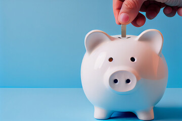 Eine Hand steckt eine Münze zum sparen in ein Sparschwein. Finanz- und Geldeinlagenkonzept - Generative Ai 
