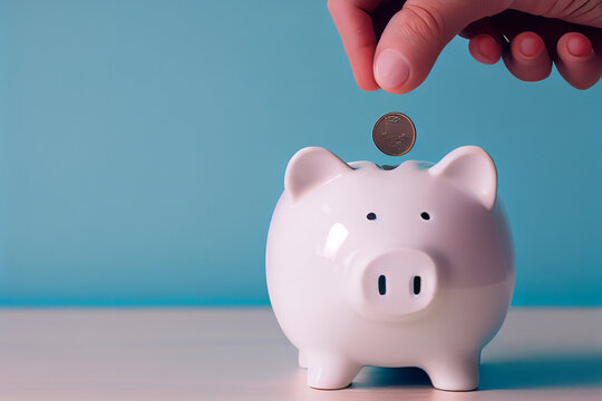 Eine Hand steckt eine Münze zum sparen in ein Sparschwein mit blauen Hintergrund. Finanz- und Geldeinlagenkonzept - Generative Ai 