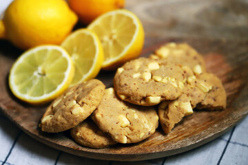 Homemade lemon biscuits with white chocolate chips.