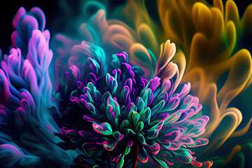 Chrysanthemum flowers in psychedelic ultraviolet colours.
Digitally generated AI image.