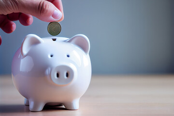 Eine Hand steckt eine Münze zum sparen in ein Sparschwein. Finanz- und Geldeinlagenkonzept - Generative Ai 