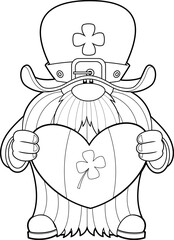 Outlined St. Patrick's Day Gnome Cartoon Character Holding A Irish Heart. Vector Hand Drawn Illustration Isolated On Transparent Background