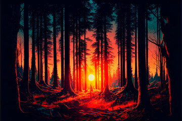 Obraz premium Beautiful sunset in the forest generative AI