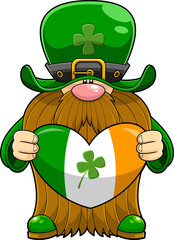 St. Patrick's Day Gnome Cartoon Character Holding A Irish Heart. Vector Hand Drawn Illustration Isolated On Transparent Background