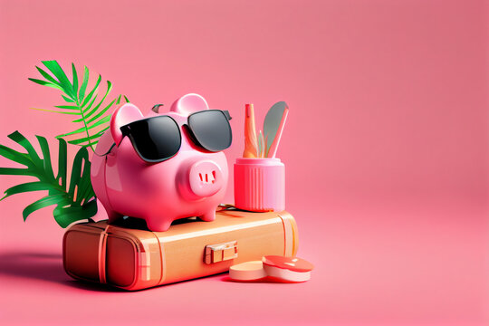 Sparschwein als Reisekasse. Urlaubshintergrund mit Platzhalter zum Thema sparen für eine Reise - Generative Ai
