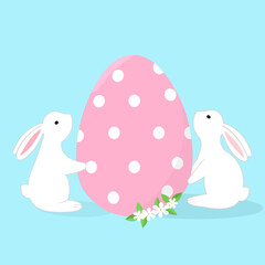 Happy Easter vector illustration, two cute white bunny rabbits holding giant egg painted with sweet pastel pink polka dots, decorated  spring daisy flower meadow on blue background, Easter egg hunt 