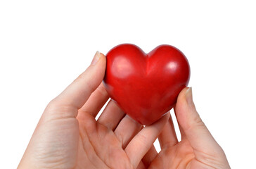 Red heart in woman hands isolated on transparent background, PNG.