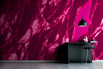 Viva magenta is a trend colour year 2023 in the luxury living lounge. magenta smooth marble wall for art - crimson red burgundy colour. Blank modern room design interior home. Generative AI