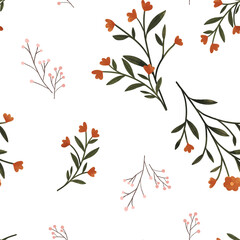 Red and Pink Wild Flowers Watercolor Seamless Pattern