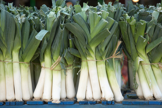 Bundles of leeks at a market in Montreal, Quebec, Canada.