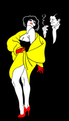 A charming woman in a yellow coat and a gentleman with a cigarette. Drawing on a black background.
