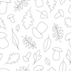 Autumn seamless pattern with mushrooms and leaves. One line drawing. Vector autumn outline pattern for printing on fabric, paper.