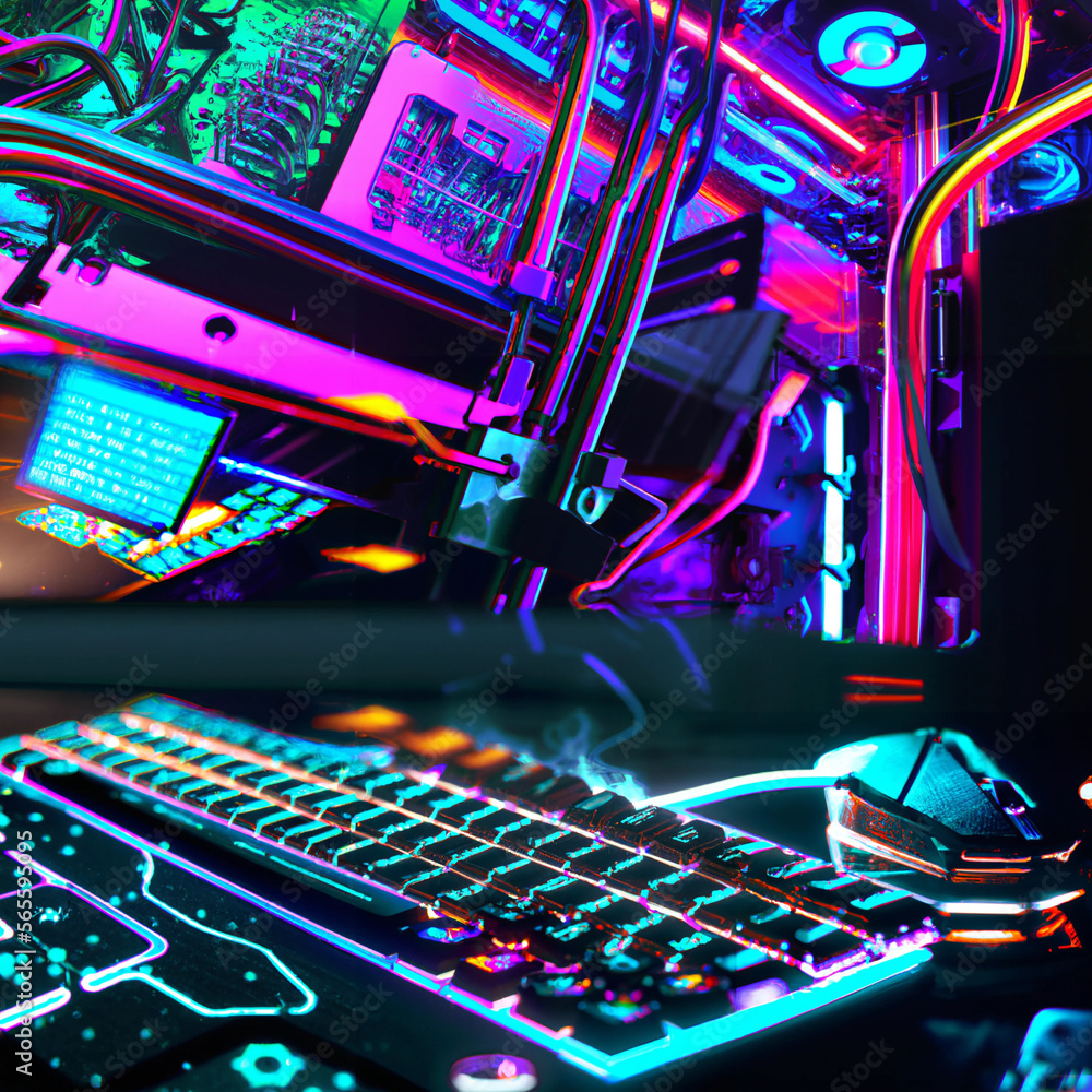 Poster cyberpunk futuristic modular computer with mechanical keyboard and gaming mouse at front, neon glowi