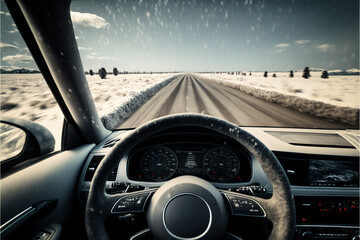 Driving auto on Snowy road. inside view. Generative AI