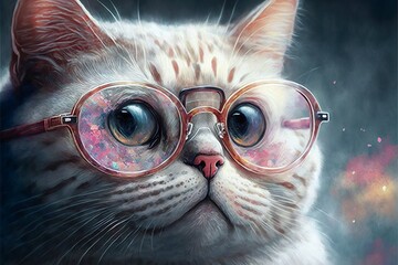 cat with glasses, oil painting. Generative AI