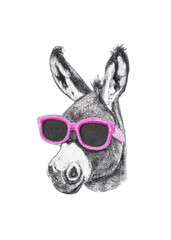 donkey with pink glasses, pencil drawing. Generative AI