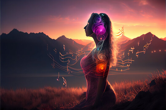 Spiritual Music Resonance: A woman in silhouette with vibrant sound waves and mountain backdrop embodies the essence of sound healing therapy and yoga meditation. generative ai       