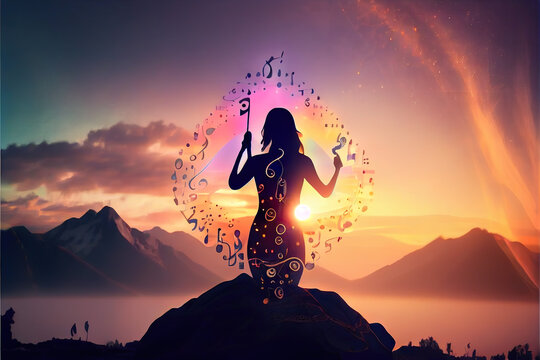 Enchanting portrayal of meditation healing: mystical woman with ornate markings, embracing radiant energies against a luminous sunset, symbolizing profound spiritual awakening. Generative Ai       