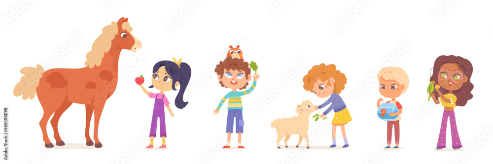 Wall mural kids feed domestic pets and farm animals set, boys and girls holding food for friends