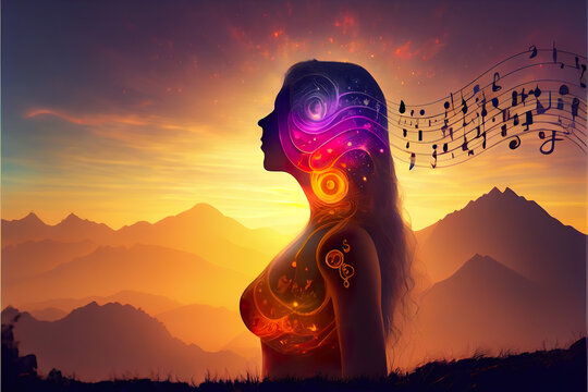 Woman in Sound healing therapy and meditation and reiki healing , uses aspects of music to improve health and well being. can help your meditation and relaxation at home