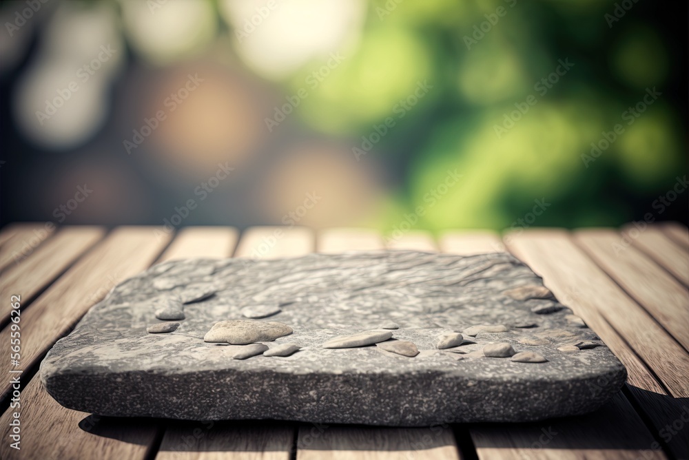 Poster empty table with stone board in front of a hazy backdrop. generative ai