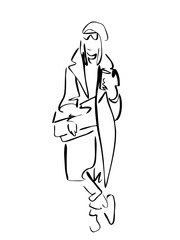 Obraz premium Fashion woman with sun glasses and coffee abstract portrait, line art, quick sketch, vector fashion illustration