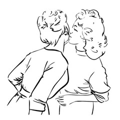 Gossip. Girl whispering gossip and secrets in her friend's ear, abstract portrait of retro women, line art, quick sketch, vector illustration