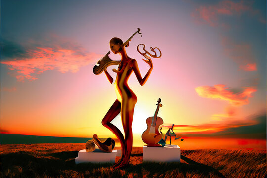 Ethereal silhouette of a woman channeling music's healing power at sunset, surrounded by harmonious figures. A vivid portrayal of therapeutic melodies embracing serenity.  generative ai