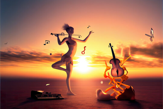 Captivating silhouette of a musician against a sunset, embodying the essence of music healing. An evocative visual representation for those seeking harmony through musical therapy.  generative ai