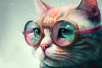 cat with glasses, oil painting. Generative AI