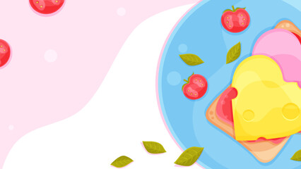 bright vector culinary background, romantic breakfast, cheese and sausage sandwiches, romantic poster