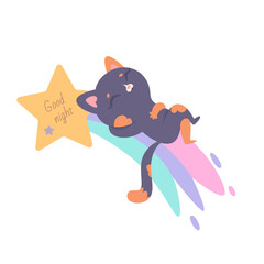 Cute cat sleeping on rainbow tail of falling star with text Good night, kitty flying