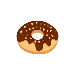 Sweet chocolate donut isolated on white background. Glossy doughnut cake with colorful decoration on cacao glaze cream. Glazed sugar ring. Tasty pastry. Vector Confectionary and bakery shop assortment