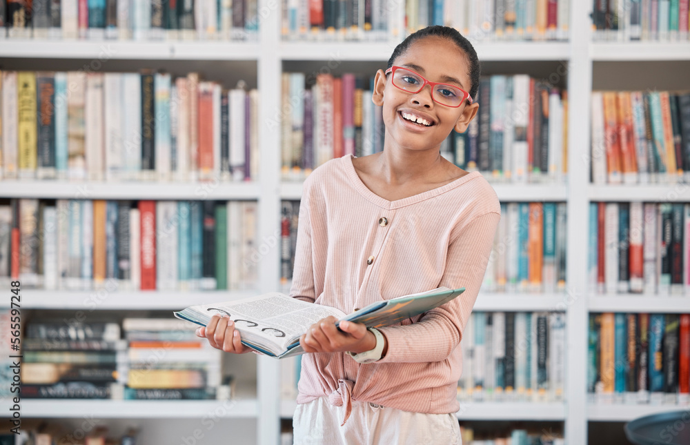 Poster girl, library book and portrait of a school student ready for learning, reading and studying. childr