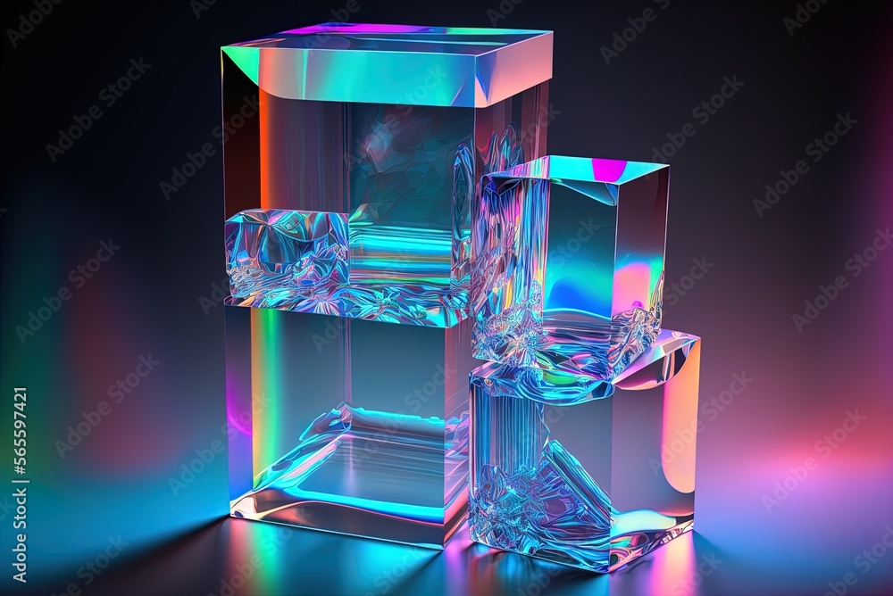 Poster a composition of transparent square boxes with a chromatic gradient pattern and a blue backdrop, sta