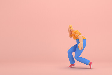Fototapeta na wymiar The woman with golden hair tied in a bun wearing blue corduroy pants and Orange T-shirt with white stripes. She is doing exercise. 3d rendering of cartoon character in acting.