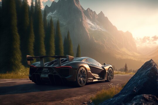 Morning Sight Of A Supercar Parked In The Mountains. Generative AI