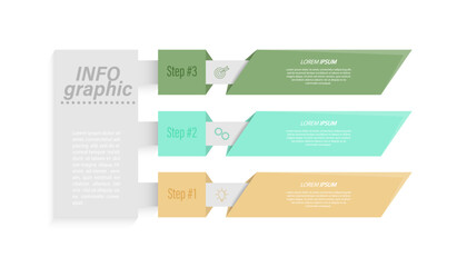3 stages of development, improvement or training. Infographics with visual action icons for business, finance, project, plan or marketing