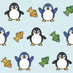 Seamless Penguins Pattern Design with Light Blue Background