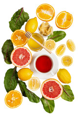A glass cup of tea with lemon mint ginger orange grapefruit and honey on isolated png background