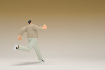 A man with glasses wearing brown cloth is running.  3d rendering of cartoon character in acting.