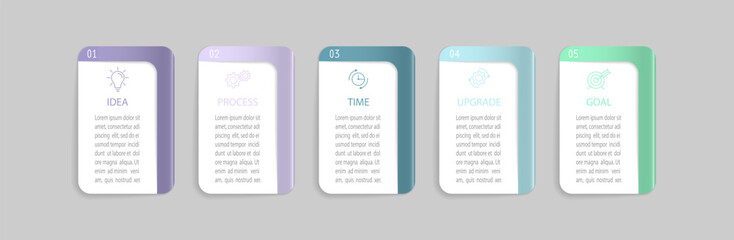Business infographics. 5 stages of achieving the goal. Stages of the workflow, development, marketing, plan or training. Business strategy with icon icons. Report or statistics schema